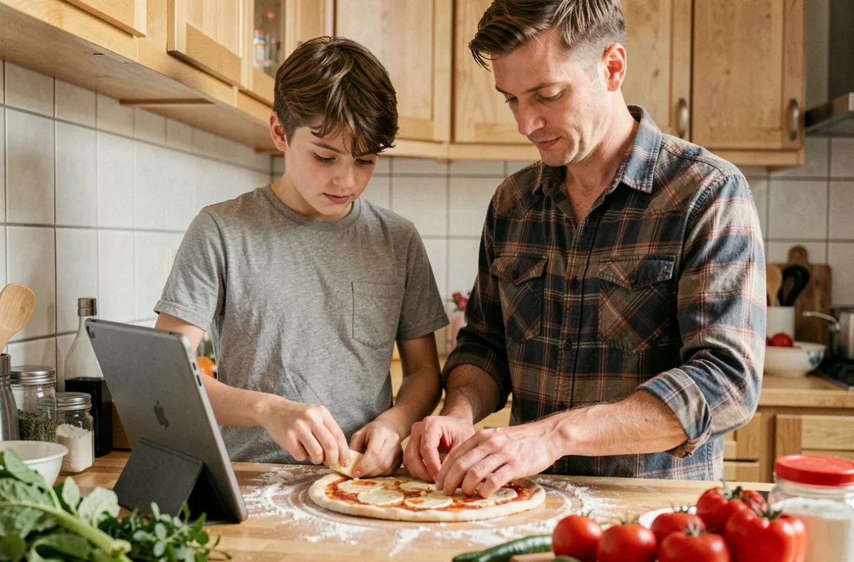 Père et fils adolescent préparant une pizza ensemble dans une cuisine familiale, partageant un moment de complicité autour d'une activité créative