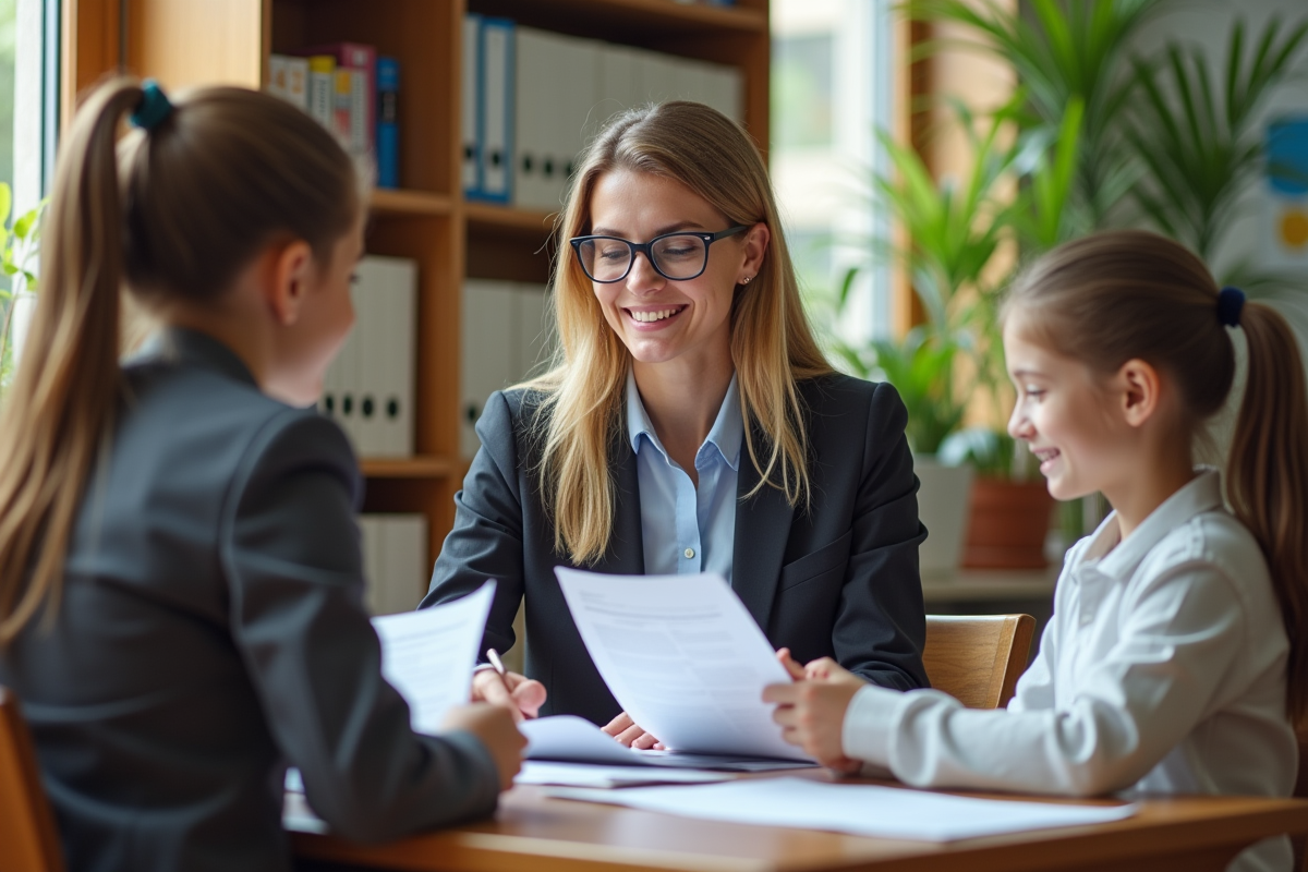 Administrateur scolaire avec deux élèves en discussion