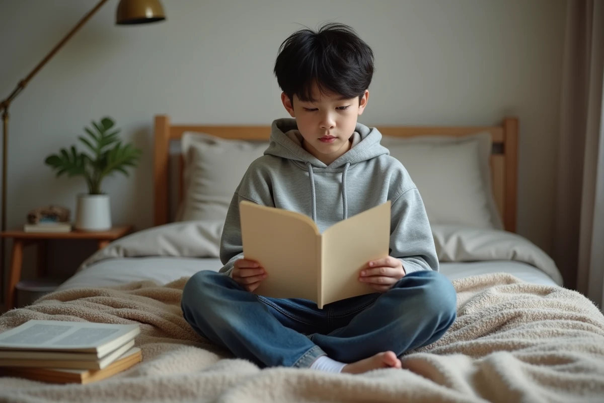 Adolescent lisant un poème écrit à la main pour la fête des pères dans sa chambre