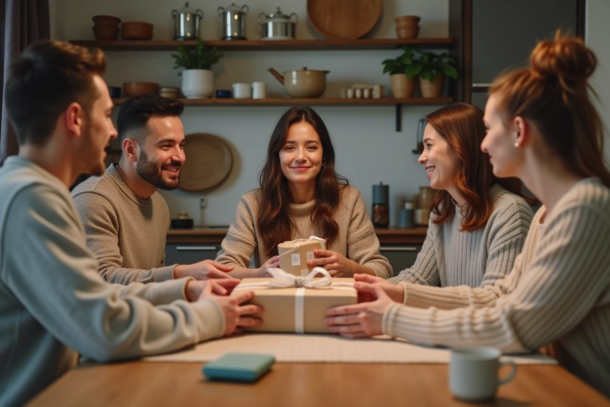 Groupe d amis autour d une table de cuisine avec cadeaux pour bébé