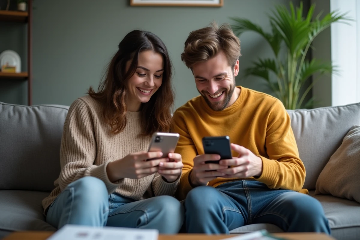 Deux amis comparant leurs listes d'envies sur leurs smartphones dans un salon, illustrant le partage et la gestion de listes personnelles