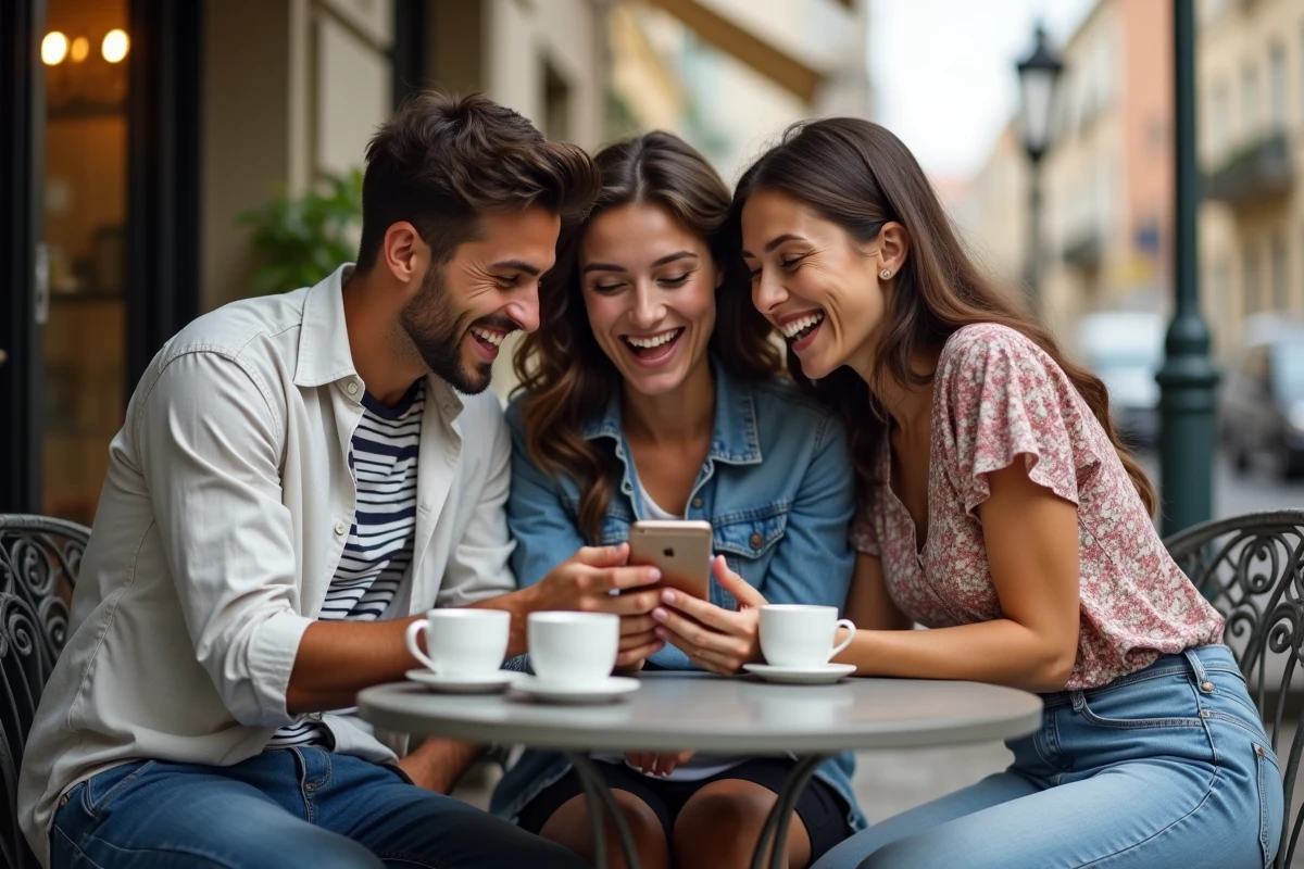 Trois amis réunis en terrasse de café riant ensemble en lisant un SMS d'anniversaire sur un smartphone