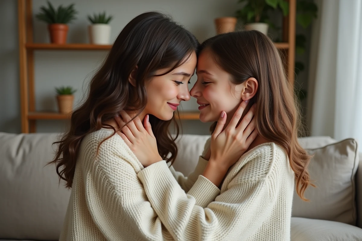 Mère tenant tendrement le visage de sa fille adolescente dans un salon chaleureux, exprimant un amour maternel inconditionnel