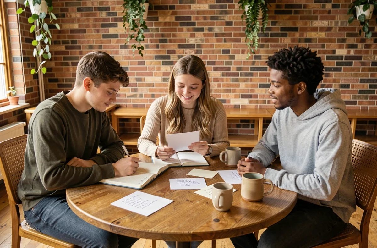 Groupe de jeunes adultes de 18 ans partageant des messages spirituels manuscrits autour d'une table lors d'un anniversaire, ambiance respectueuse et moderne