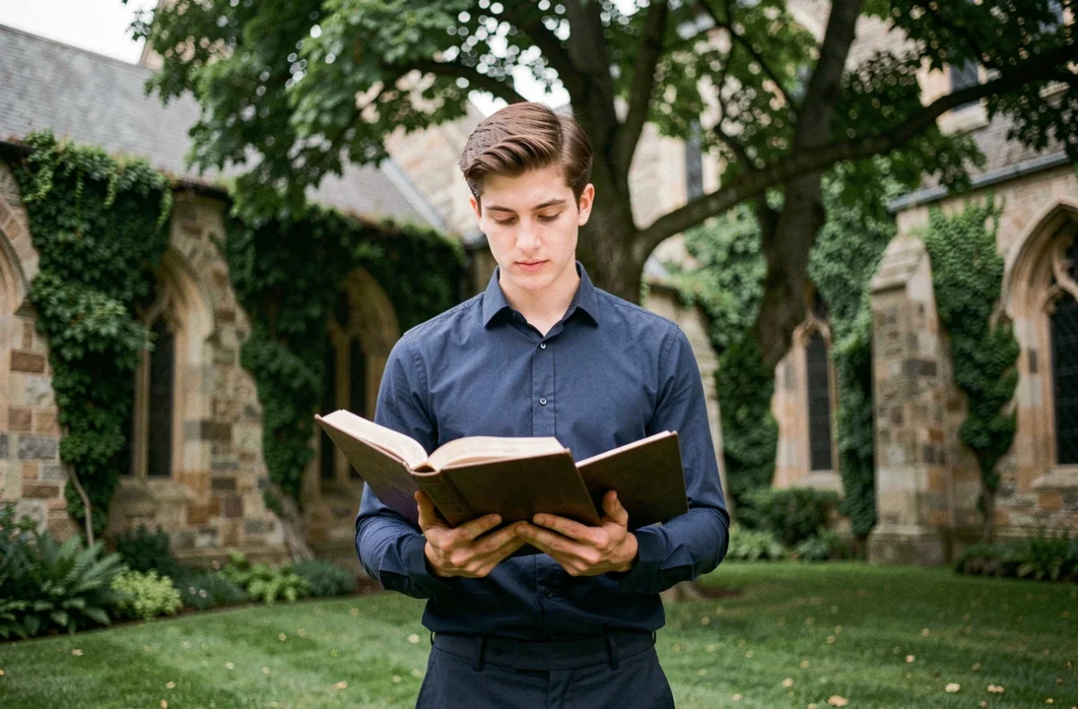 Jeune homme de 18 ans lisant un texte religieux dans un jardin près d'une église, illustration pour un message d'anniversaire spirituel respectueux