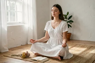 Jeune femme de 18 ans en posture méditative dans une chambre minimaliste, illustrant la spiritualité et le recueillement pour un anniversaire spirituel