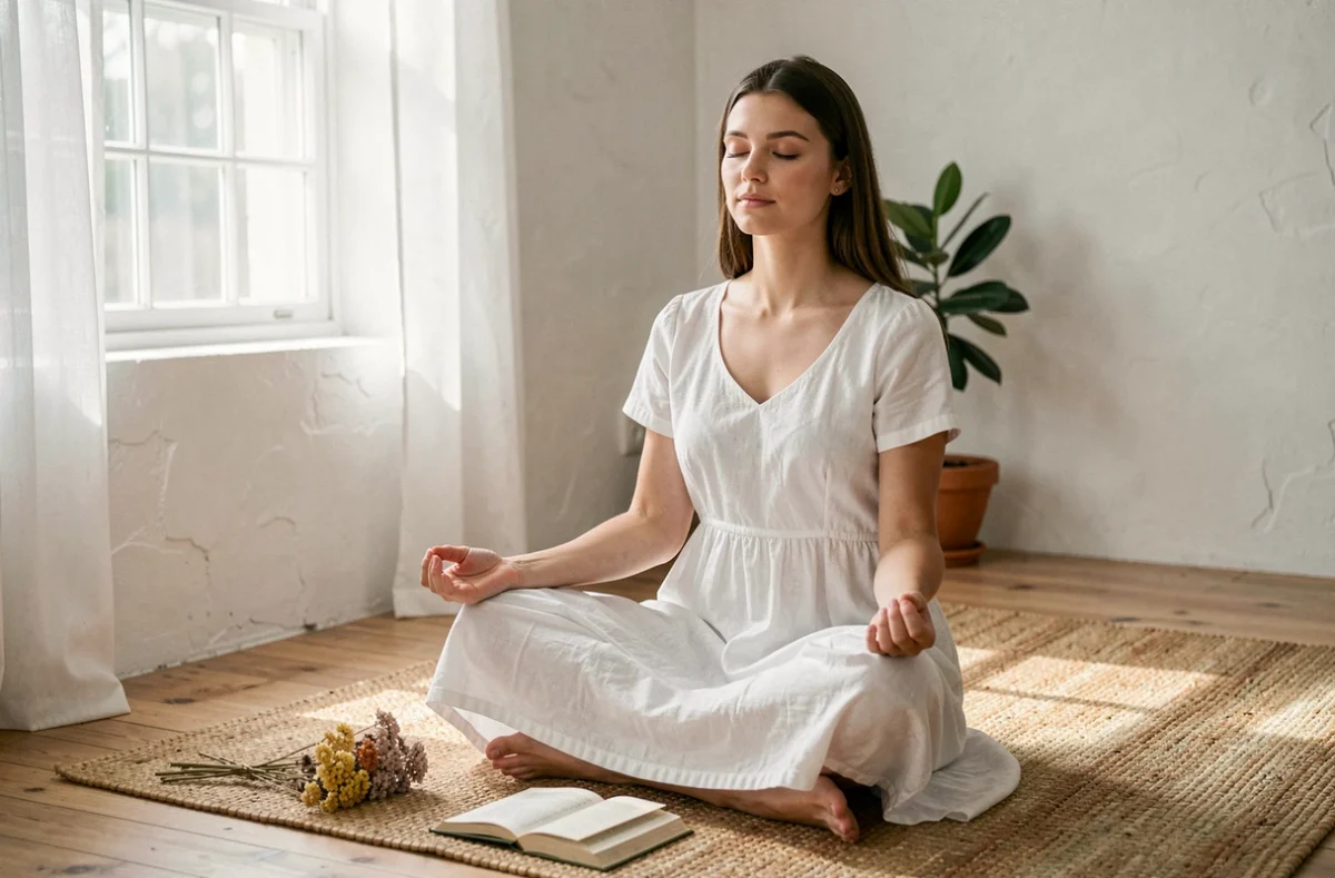 Jeune femme de 18 ans en posture méditative dans une chambre minimaliste, illustrant la spiritualité et le recueillement pour un anniversaire spirituel