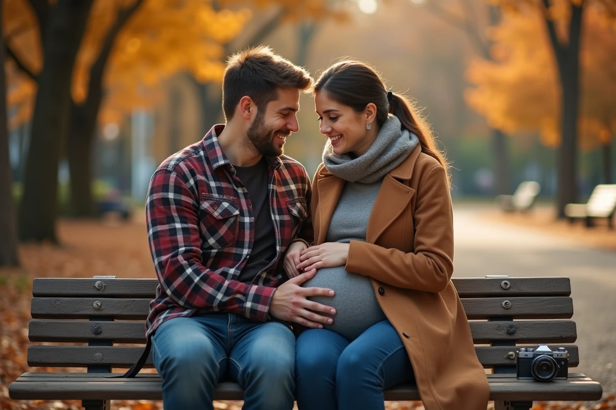Couple dans un parc en automne partageant un moment complice pour annoncer la grossesse au papa, la femme guidant sa main vers son ventre