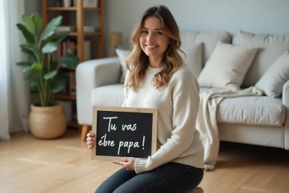 Femme enceinte tenant un tableau ardoise avec le message 'Tu vas être papa !' pour annoncer sa grossesse à son conjoint de façon créative