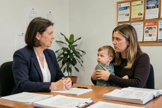Assistante sociale en entretien avec une jeune mère et son enfant dans un bureau de services sociaux