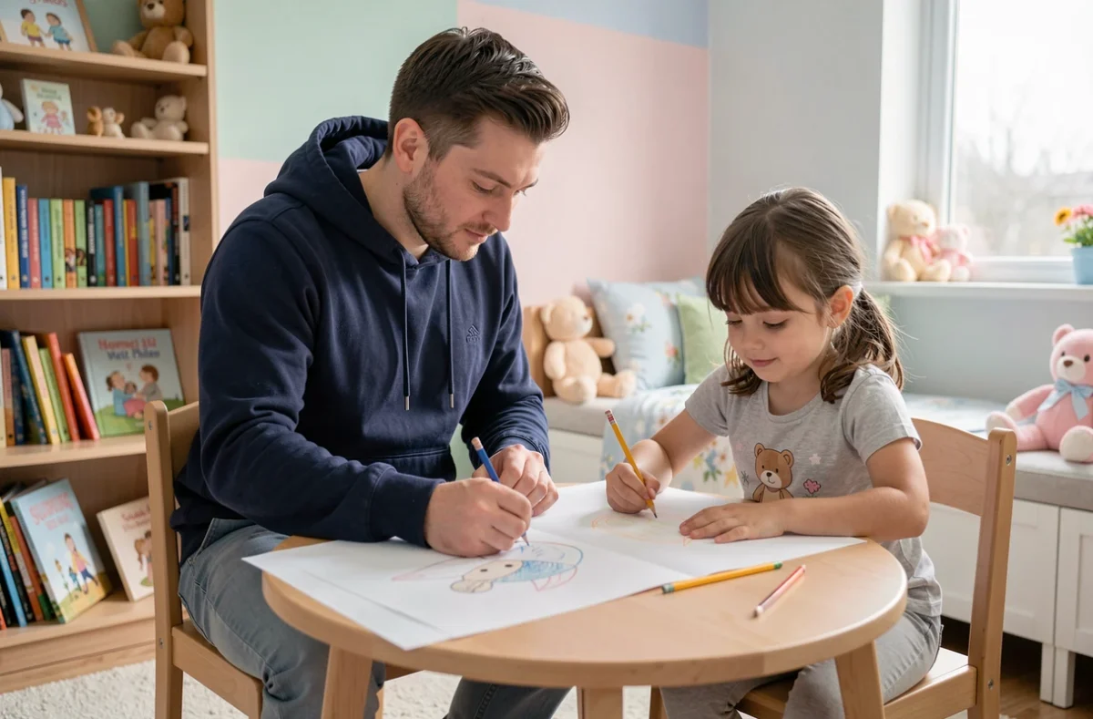 Baby-sitter masculin aidant une petite fille à dessiner dans une chambre d'enfant colorée