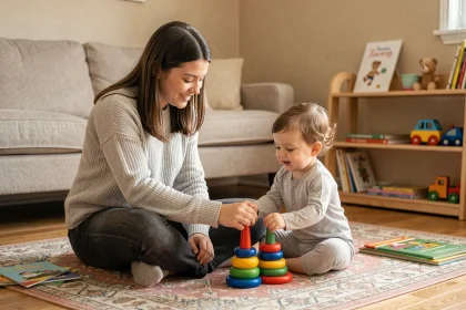 Jeune baby-sitter jouant avec un enfant en bas âge sur le sol d'un salon chaleureux