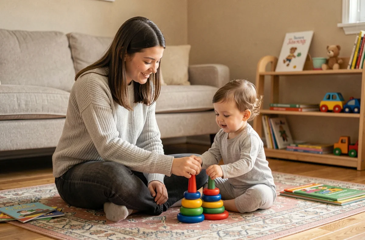 Jeune baby-sitter jouant avec un enfant en bas âge sur le sol d'un salon chaleureux