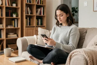 Jeune femme baby-sitter organisant ses disponibilités sur son smartphone et agenda papier dans un salon cosy