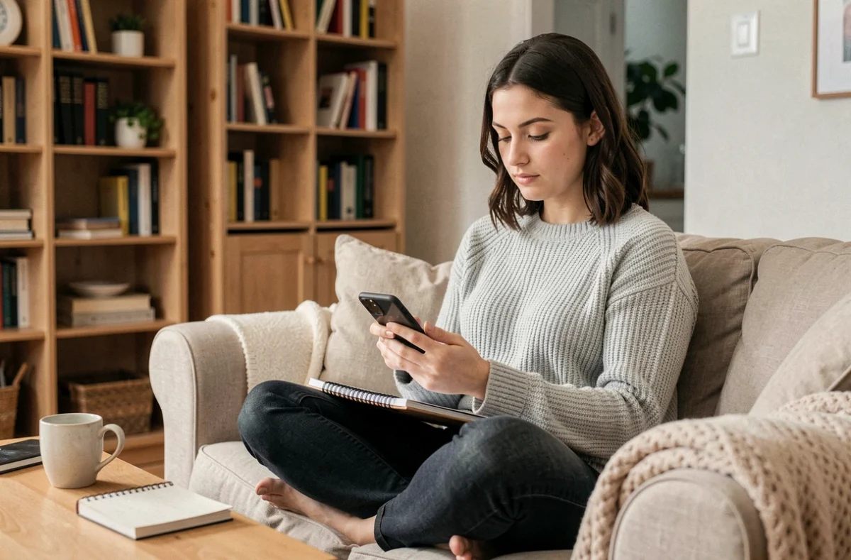 Jeune femme baby-sitter organisant ses disponibilités sur son smartphone et agenda papier dans un salon cosy