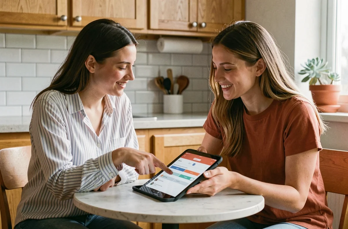 Deux baby-sitters comparant et coordonnant leurs disponibilités de garde sur une tablette autour d'une table de cuisine
