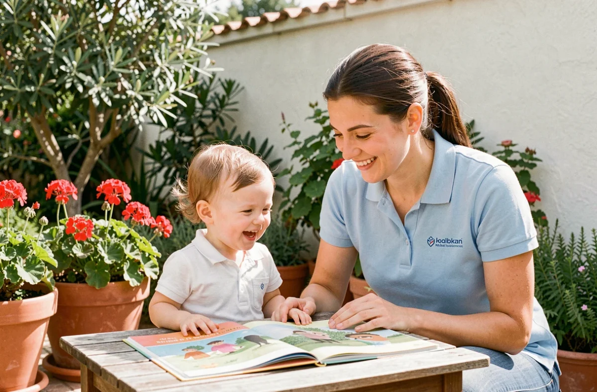 Une baby-sitter de Babychou Services en polo bleu lit un livre illustré avec un jeune enfant dans un jardin ensoleillé du sud de la France