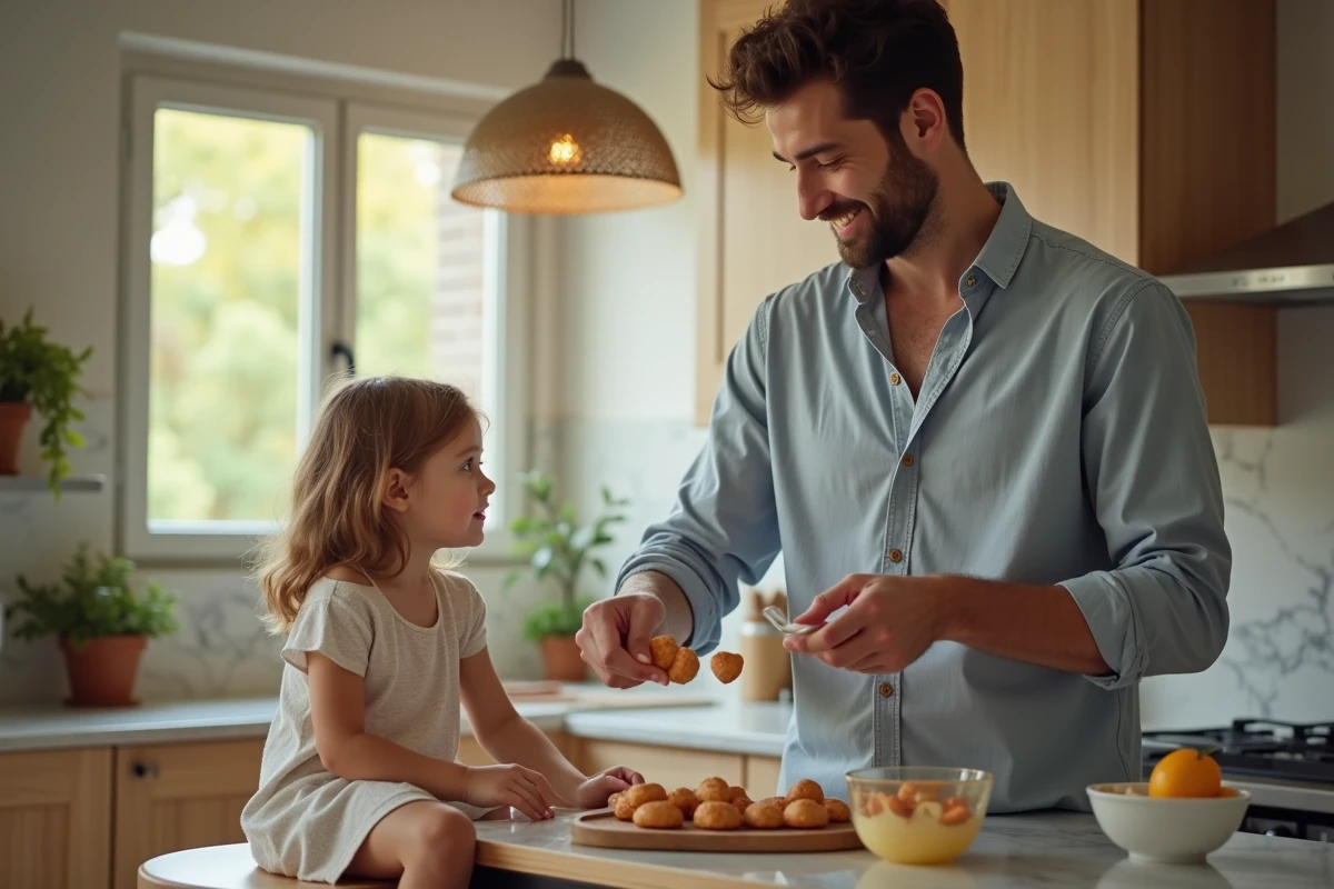 Baby-sitter masculin préparant un goûter avec une enfant dans une cuisine moderne un jour férié