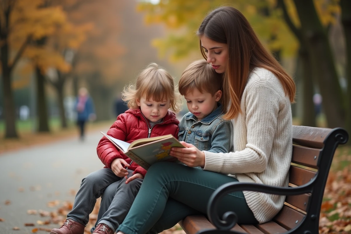 Babysitter lisant un livre illustré à deux enfants sur un banc de parc en automne lors d'un jour férié