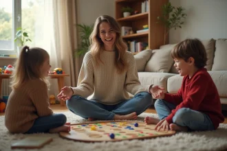Babysitter jouant avec deux enfants le week-end dans un salon familial chaleureux