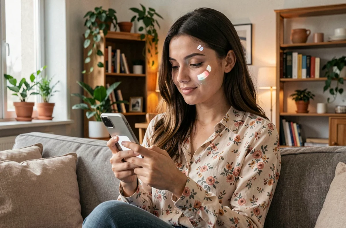 Une jeune femme consulte l'application BabySittor sur son smartphone depuis son canapé pour trouver rapidement une baby-sitter disponible