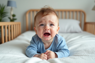 Bébé de six mois en pyjama bleu dans un lit moderne