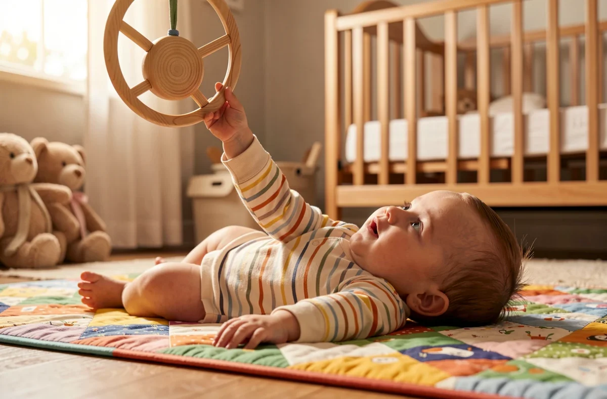 Bébé allongé sur un tapis qui tend la main vers un hochet