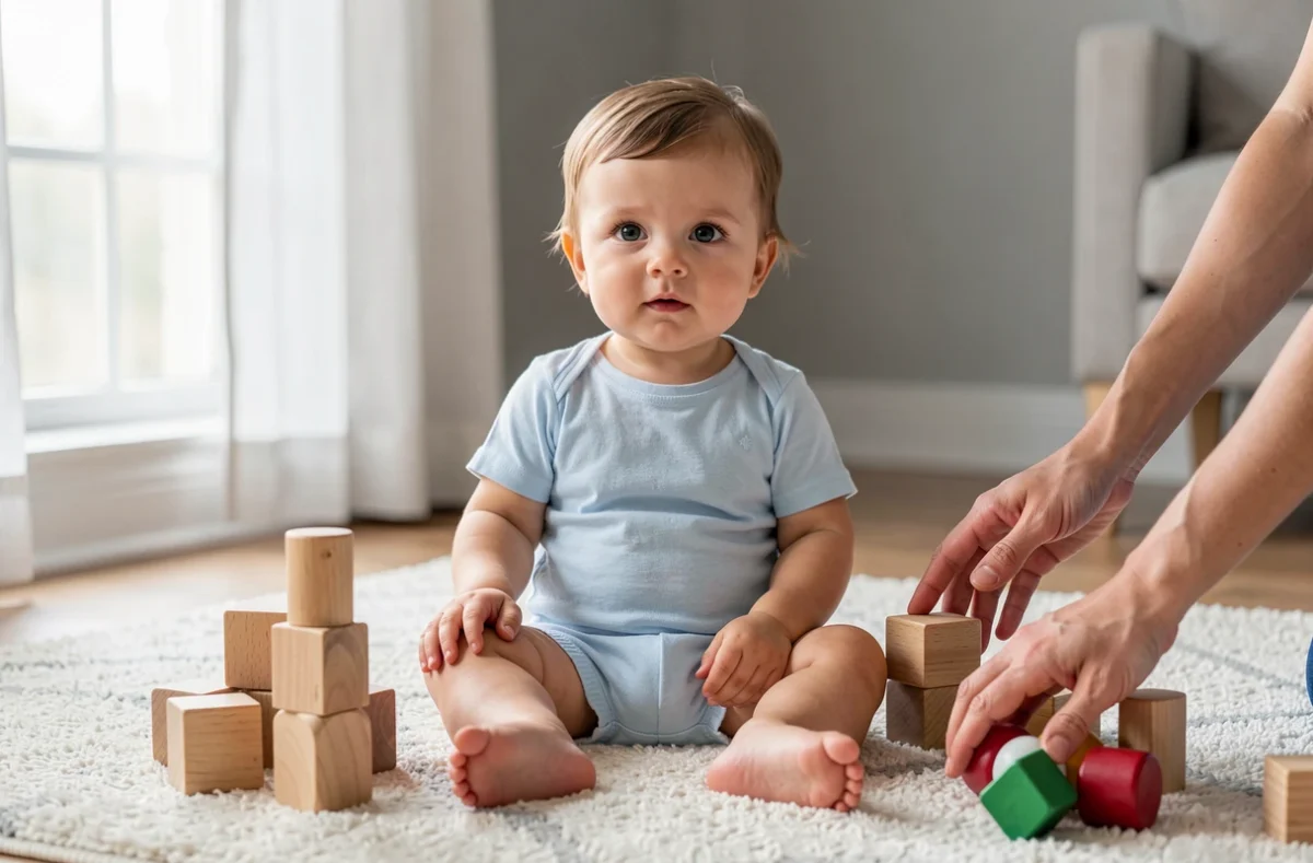 Bébé assis sur un tapis entouré de jouets en bois