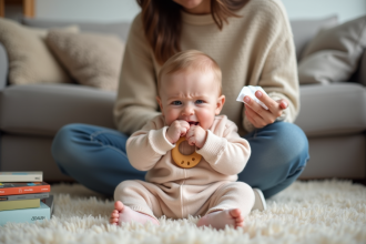 Bébé en pastel avec maman dans un salon chaleureux