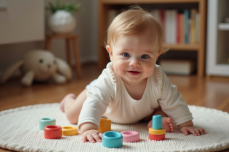 Bebe fille de 9 mois avec un body coton joue avec des anneaux en bois
