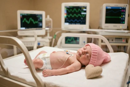 Bébé fille prématurée de 3 mois dans un incubateur en unité de soins intensifs néonatals, avec bonnet rose tricoté