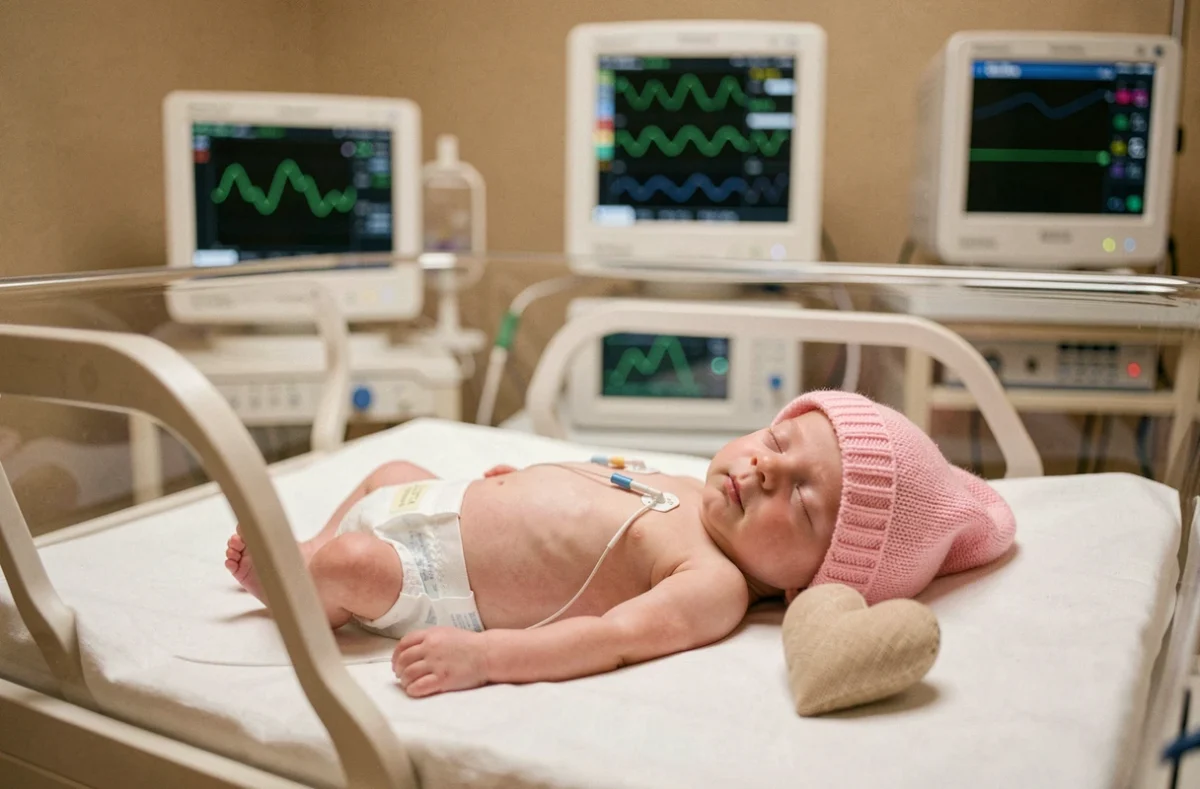 Bébé fille prématurée de 3 mois dans un incubateur en unité de soins intensifs néonatals, avec bonnet rose tricoté