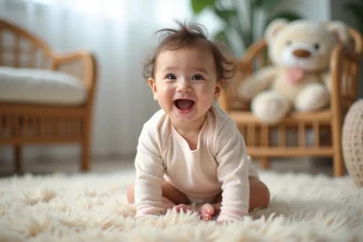 Bébé fille de 9 mois souriant dans un salon cosy