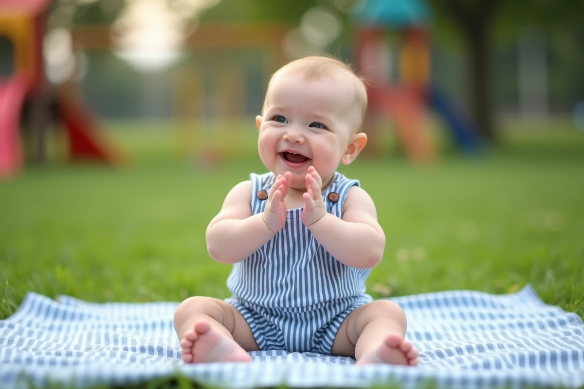 Bébé garçon de 11 mois riant en plein air dans un parc