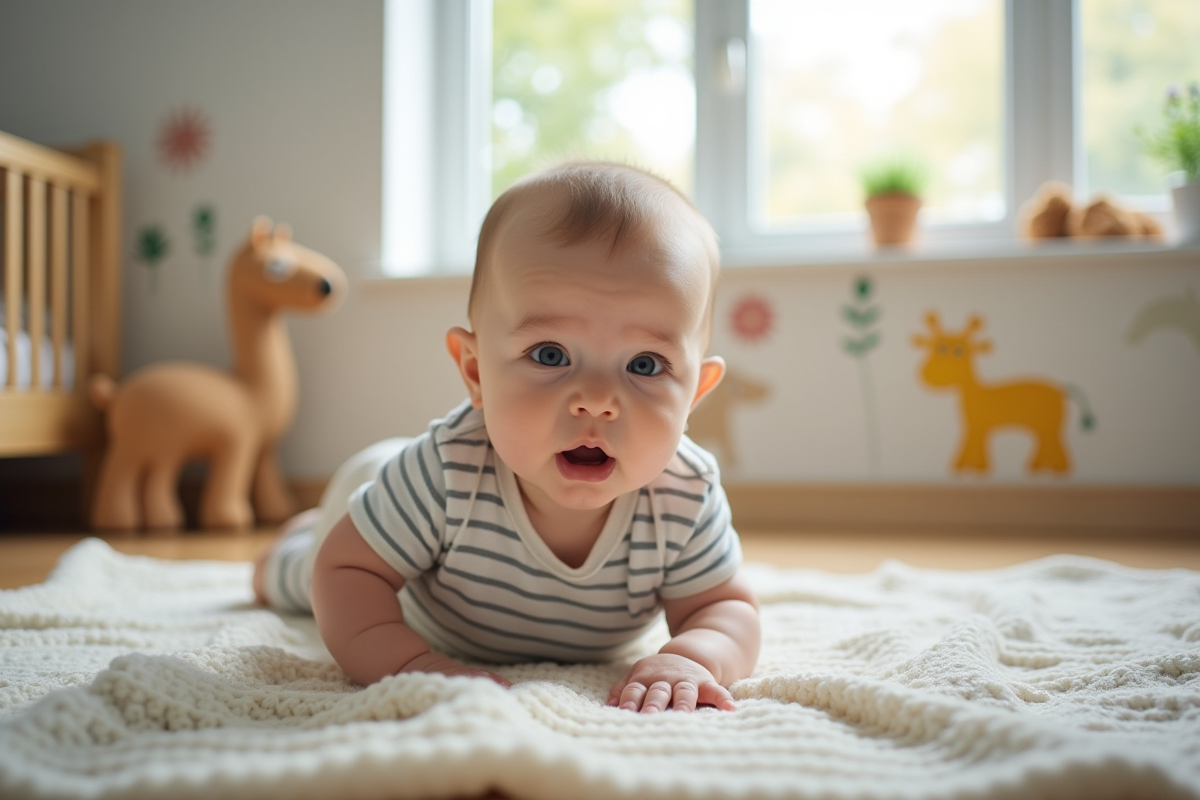 Bebe garcon de 7 mois en tummytime sur une couverture tricotée