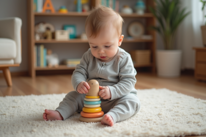 B&eacute;b&eacute; curieux jouant avec un anneau de stacking dans un salon chaleureux