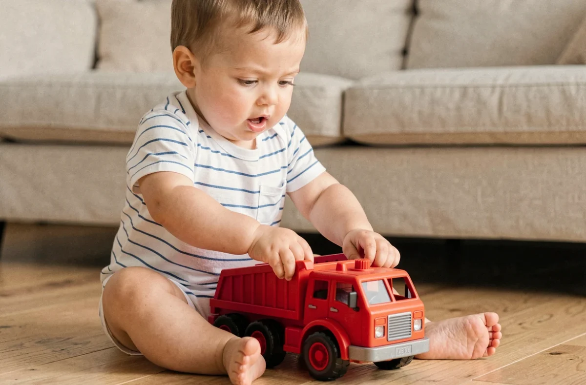Bébé de 18 mois jouant avec un camion de pompier jouet rouge sur un parquet en bois