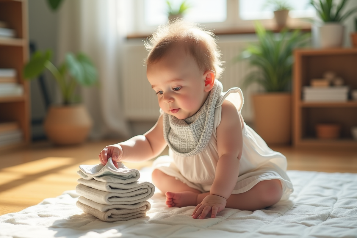 Bébé fille de huit mois joue sur un tapis lumineux