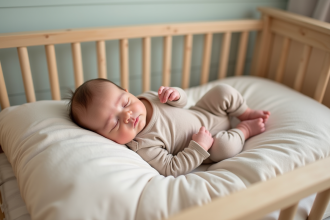 Bebe de deux mois dormant paisiblement dans un lit en bois