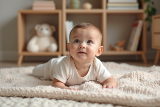 Bébé de six mois dans un nid en coton dans une nurserie douce