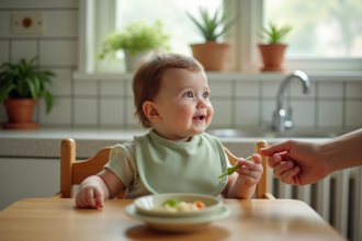 Bébé de 7 mois dans une chaise haute en cuisine chaleureuse