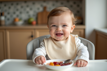 B&eacute;b&eacute; souriant dans une chaise haute en cuisine
