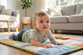 Bébé sur le ventre qui relève la tête sur un tapis d'éveil