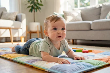 Bébé sur le ventre qui relève la tête sur un tapis d'éveil