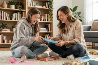 Mère et fille adolescente qui déballent un jeu de société ensemble dans un salon chaleureux, riant et partageant un moment complice en famille
