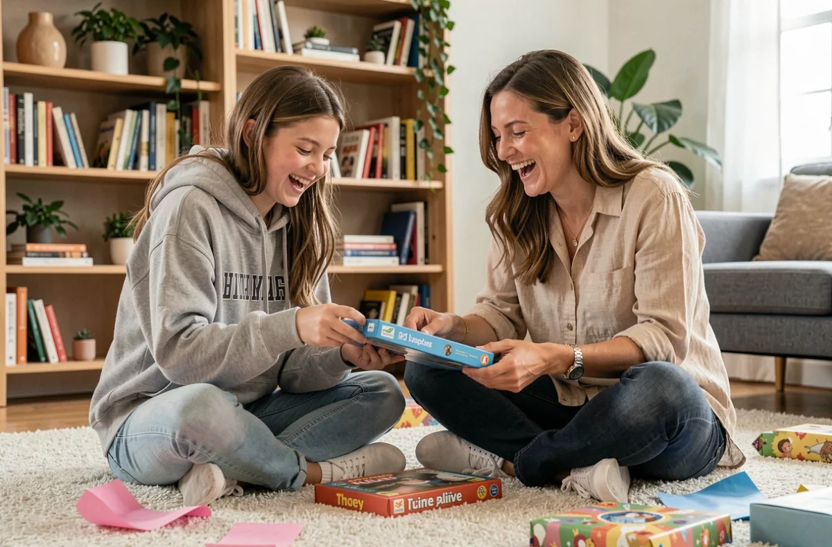 Mère et fille adolescente qui déballent un jeu de société ensemble dans un salon chaleureux, riant et partageant un moment complice en famille
