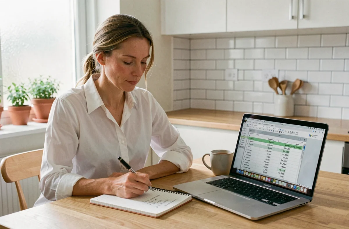 Femme calculant le tarif horaire baby-sitting sur un ordinateur portable à la table de cuisine