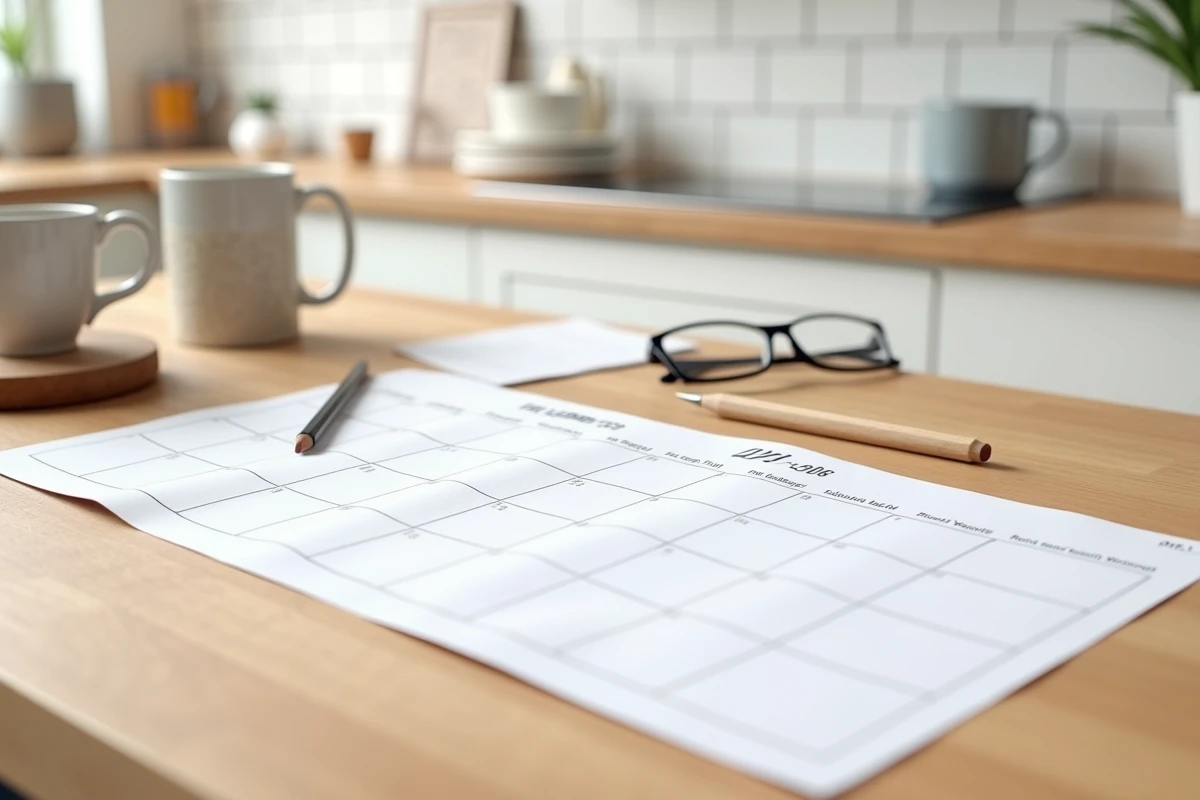 Calendrier imprimé 2026 avec semaines paires et impaires posé sur une table de cuisine avec une tasse et un crayon