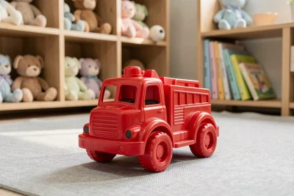 Camion de pompier jouet rouge pour bébé posé sur un tapis de jeu dans une chambre de bébé