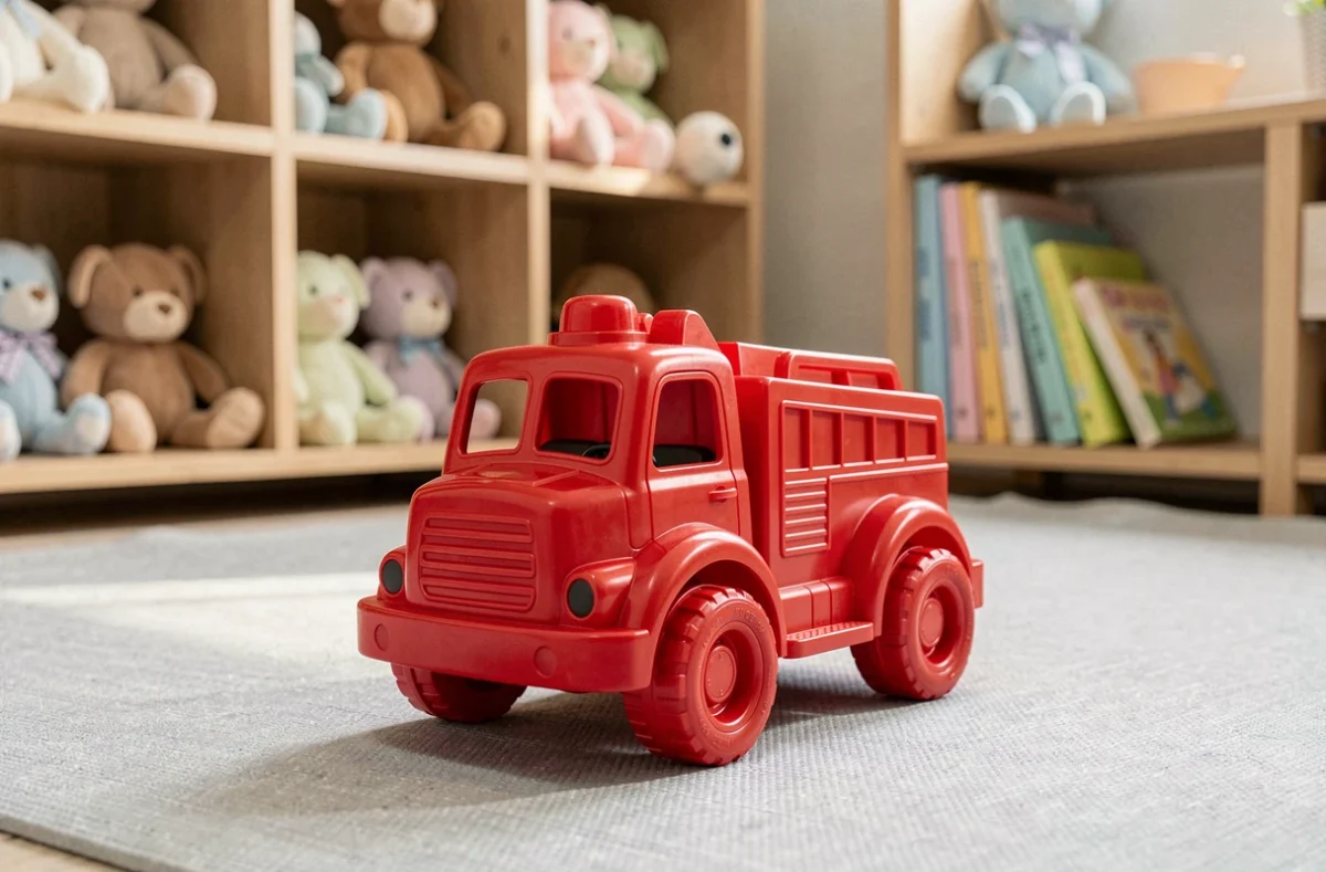 Camion de pompier jouet rouge pour bébé posé sur un tapis de jeu dans une chambre de bébé